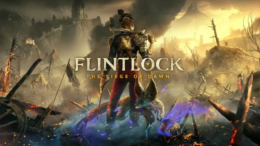 Flintlock: The Siege of Dawn - Обложка игры Фронтальная обложка игры, где героиня с оружием стоит на фоне разрушенного мира