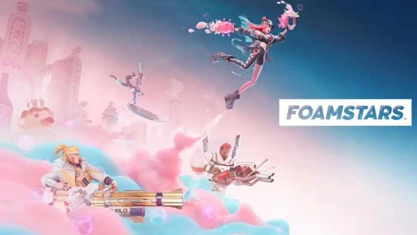 Обложка игры Foamstars, где персонажи с пушками для пены в ярком мультяшном мире