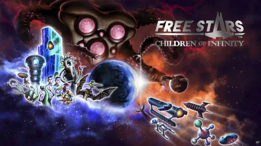 Обложка игры Free Stars: Children of Infinity с изображением космических кораблей, инопланетян и других элементом вселенной