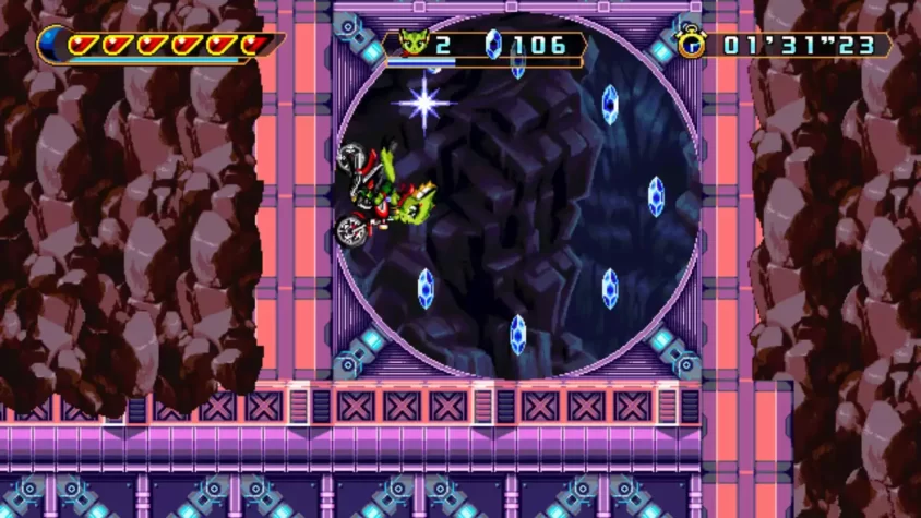 Герой на мотоцикле в туннеле с кристаллами в игре Freedom Planet 2