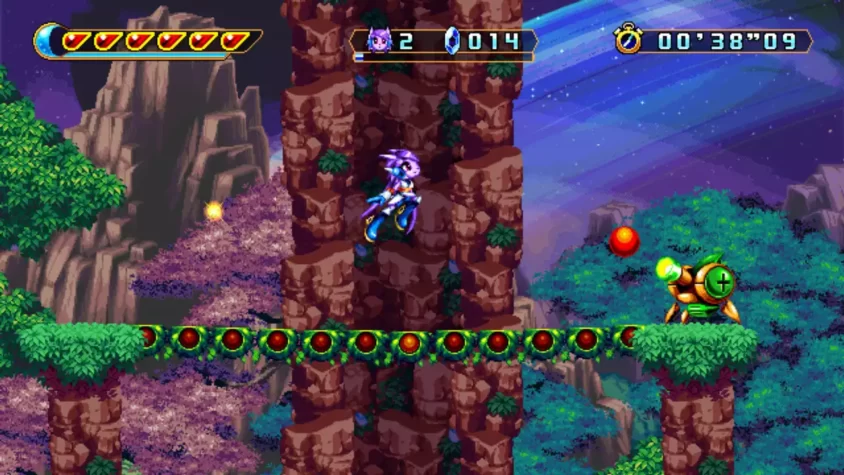 Персонаж на скале, прыгающий по платформам в Freedom Planet 2