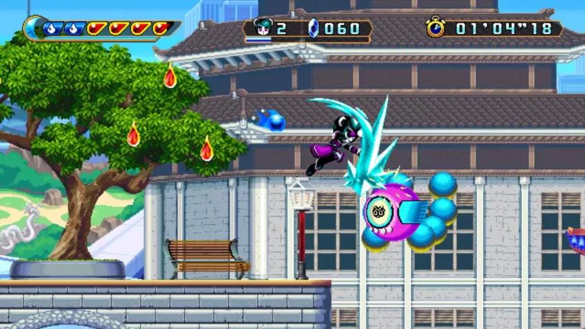 Персонаж с кристаллом и противниками в Freedom Planet 2