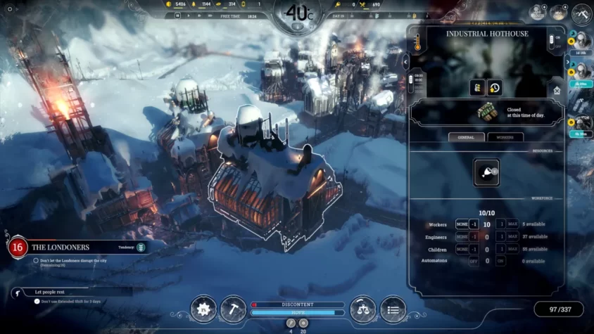 Экран с управлением ресурсами и статусом города в Frostpunk