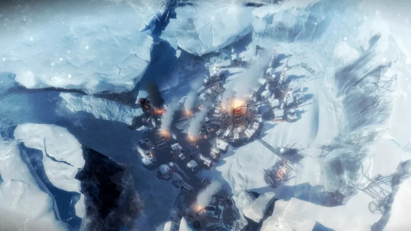 Вид на город из высоты в Frostpunk