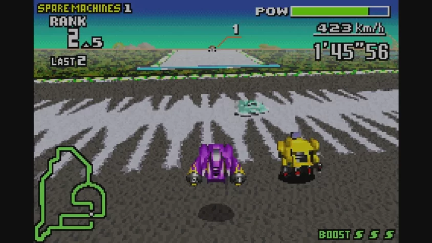 Игровой момент на трассе с полосами ускорения в F-Zero: Maximum Velocity
