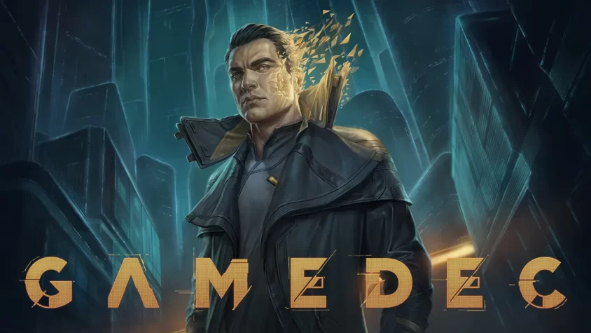 Обложка игры Gamedec, с главным персонажем на фоне футуристического города