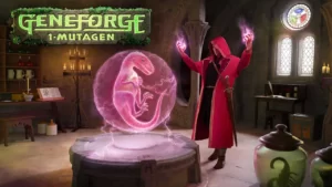 Обложка игры Geneforge 1: Mutagen с магом, создающим динозавра в лаборатории