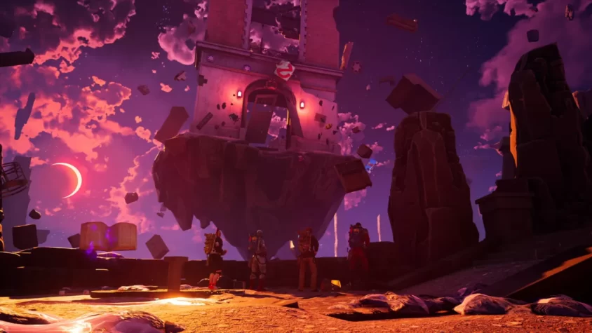 Персонажи на фоне разрушенной локации в игре Ghostbusters: Spirits Unleashed
