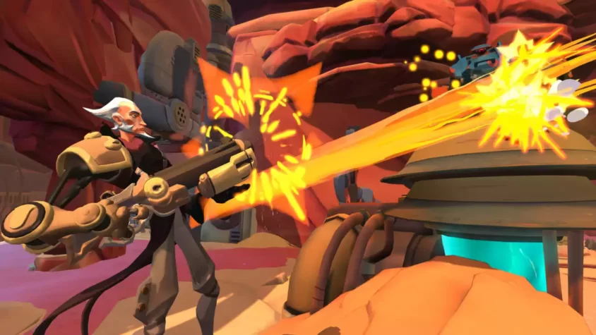 Персонаж, стреляющий в противника с оружием в Gigantic: Rampage Edition