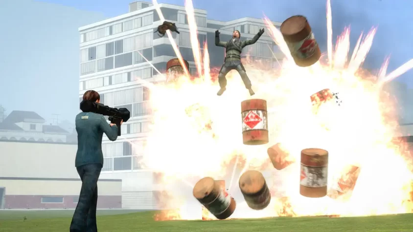 Герой летит на самодельном транспортном средстве в Garry's Mod