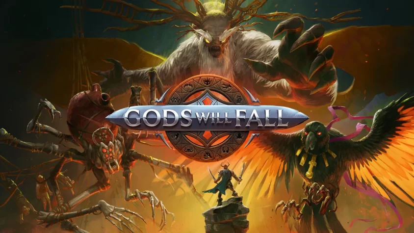 Обложка игры Gods Will Fall с изображением бога и героя, сражающихся среди гигантских созданий