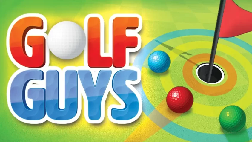 Обложка игры Golf Guys, в которой разноцветные мячики и флаг на фоне зелёного поля.