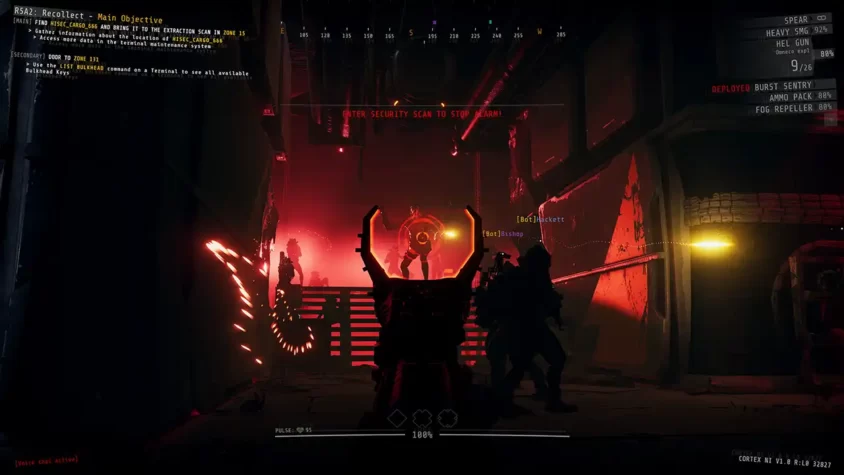 Скриншот игры GTFO, бой с врагами в темном коридоре