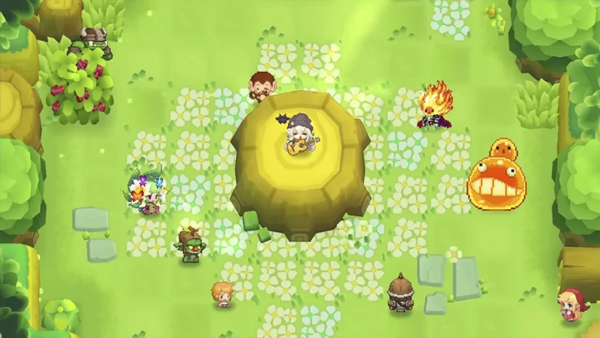 Персонажи играют на цветочном лугу в Guardian Tales