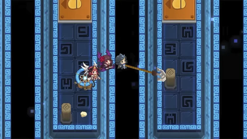 Персонажи решают головоломку в подземелье игры Guardian Tales