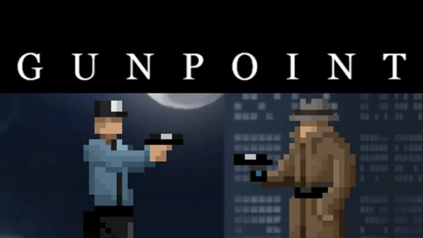 Обложка игры Gunpoint, изображение персонажей, стоящих друг напротив друга с оружием в руках