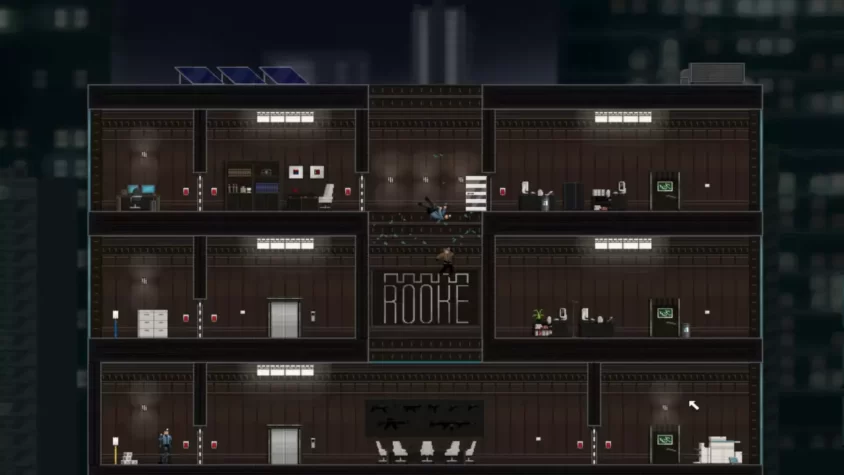 Геймплей игры Gunpoint, помещение компании Rook