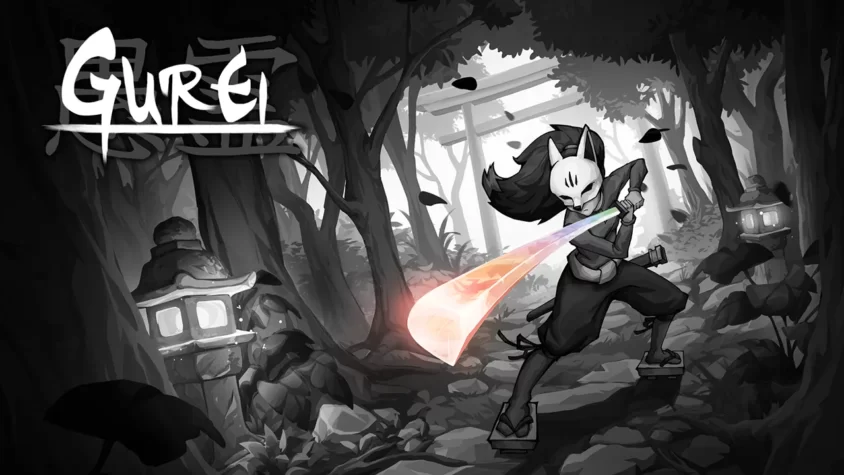 Обложка игры Gurei Обложка игры Gurei, где персонаж с катаной в лесу, все выполнено в черно-белых тонах с ярким элементом — мечом