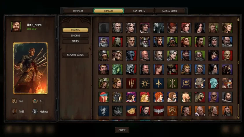 Меню аватаров и достижений в GWENT