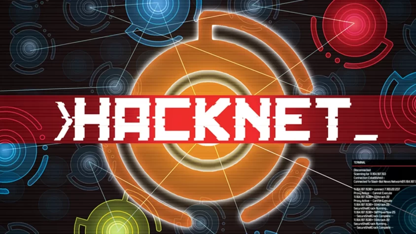 Hacknet Обложка игры Hacknet, в центре логотип с ярким оранжевым кругом, окружённым технологическими элементами