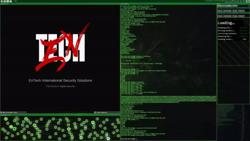 Экран игры Hacknet с терминалом, отображающим подключение к серверу и выполнением команд