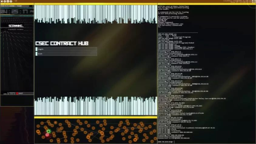Экран игры Hacknet с подключением к серверам и интерфейсом для входа в CSEC Contract Hub