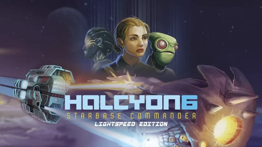 Обложка Halcyon 6: трое героев — человек, инопланетянин и киборг — на фоне звёзд и космического корабля