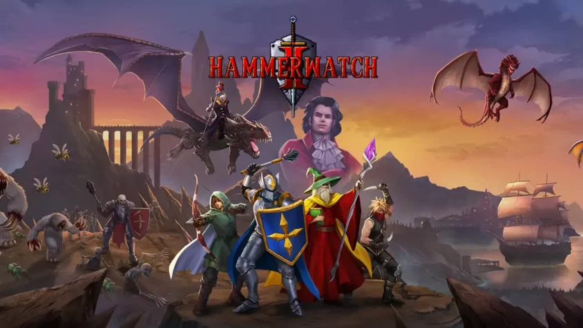Фэнтезийная обложка Hammerwatch 2 с героями и драконами