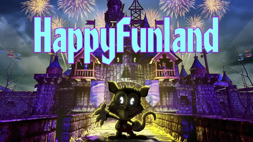 HappyFunland — захватывающее приключение в мрачном парке развлечений Обложка игры с названием 'HappyFunland' и изображением злого кота перед замком, окруженного фейерверками.