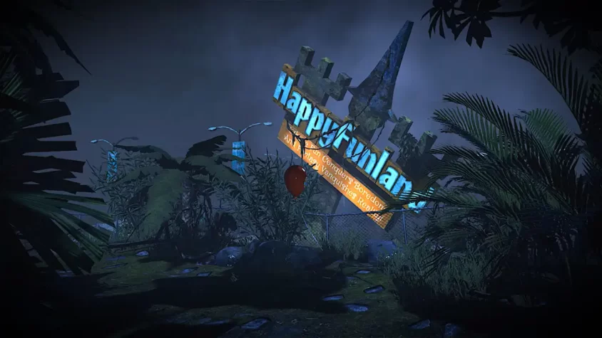 Указатель HappyFunland с туманной и заброшенной территорией вокруг.