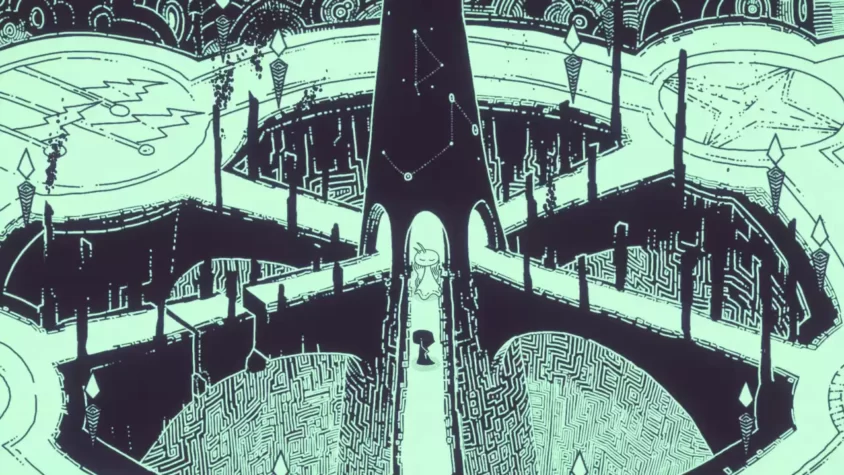 Персонаж перемещается по игровой локации Hauntii, окруженной мистическими символами и технологиями