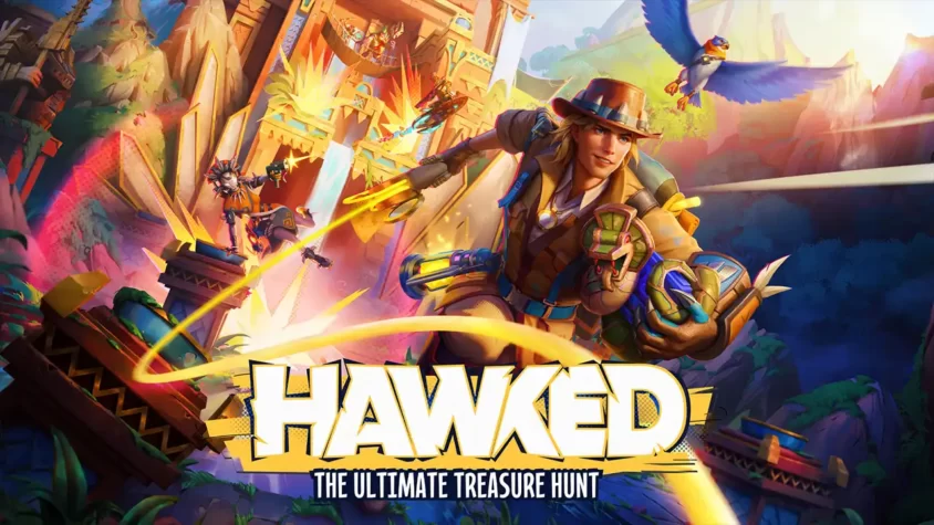 Обложка игры Hawked с изображением персонажа и яркими пейзажами на фоне
