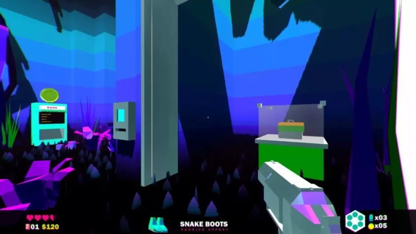 Геймплей Heavy Bullets, враг с яркими зубами на фоне кристаллической растительности