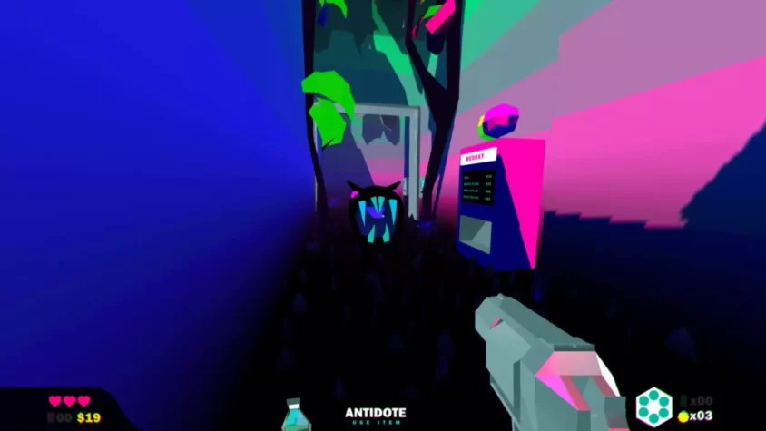 Геймплей Heavy Bullets, предметы на фоне флуоресцентной растительности