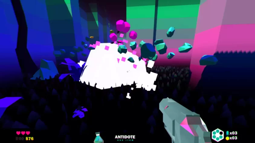 Геймплей Heavy Bullets, использование антидота и взрыв врага на фоне темного леса