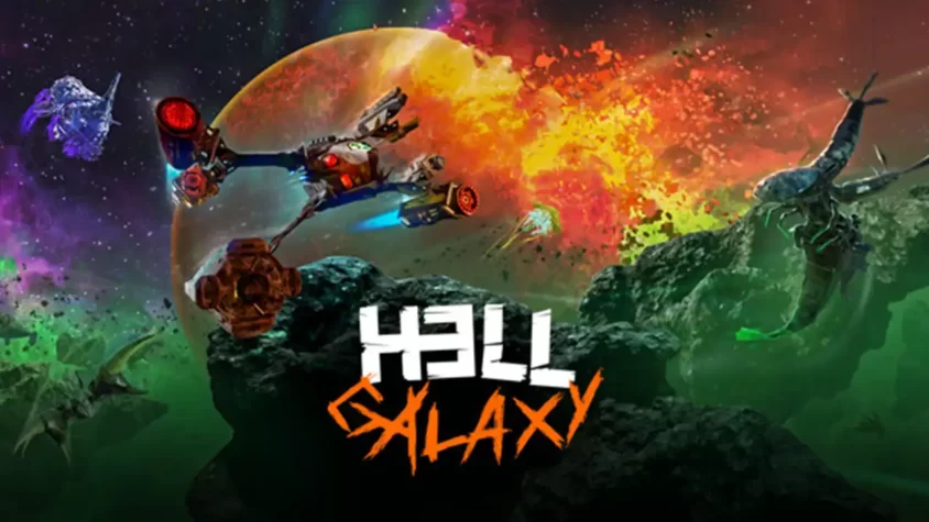 Обложка игры Hell Galaxy, космический корабль в эпичном космосе с ярким взрывом