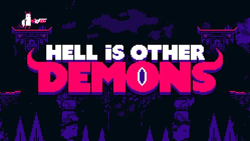 Обложка игры Hell is Other Demons с пиксельным изображением персонажа, стоящего на колонне с оружием, и зловещим фоном