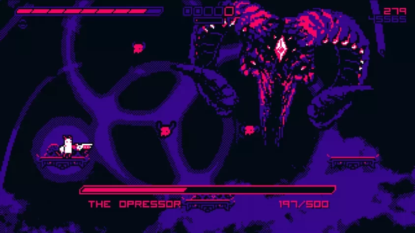 Геймплей Hell is Other Demons: сражение с боссом The Oppressor, гигантским демоном на фоне космоса