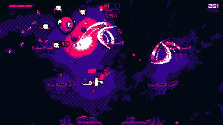 Геймплей Hell is Other Demons: персонаж сражается с врагами в яростной перестрелке на фоне космических просторов