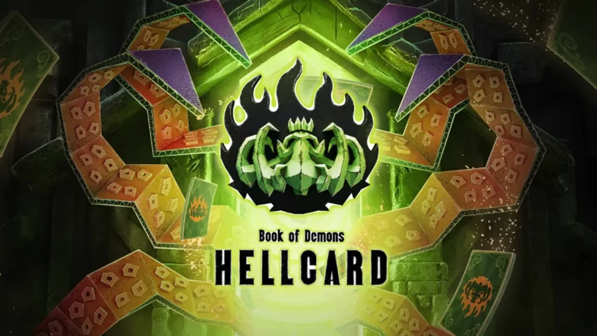 Обложка игры Hellcard, с ярким зелёным светом и картами, окружёнными огнём