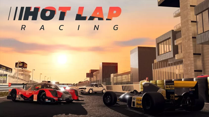 Hot Lap Racing: Обложка игры Обложка игры Hot Lap Racing, показывающая гоночные автомобили на фоне заката