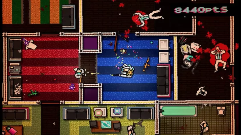 Геймплей Hotline Miami с перестрелкой в разноцветной комнате
