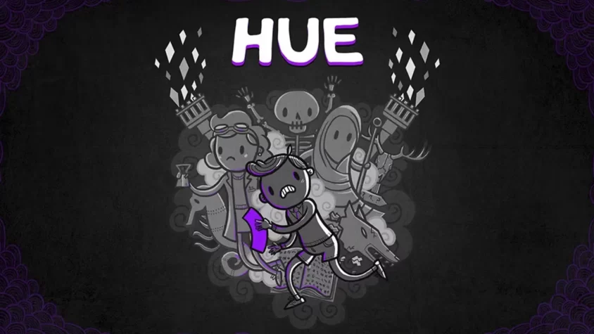 Hue: Обложка игры Обложка игры Hue с персонажем, бегущим по пути, окружённом мистическими существами и фигурами
