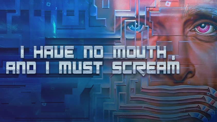 Обложка игры I Have No Mouth And I Must Scream с изображением лица, которое смотрит сквозь цифровую среду