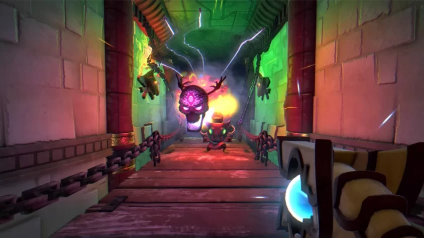 Момент из игры Immortal Redneck, где главный герой сталкивается с магическим скелетом, излучающим электрические разряды