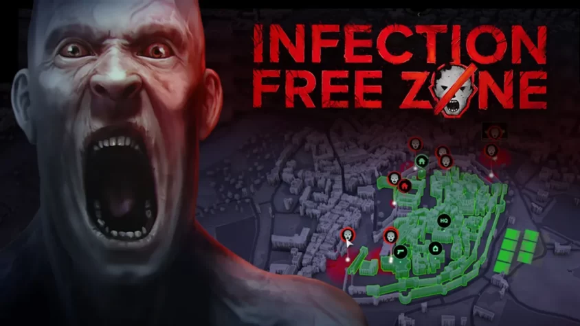 Infection Free Zone: Обложка игры Грозный мужик на фоне карты города, заполонённого инфекцией