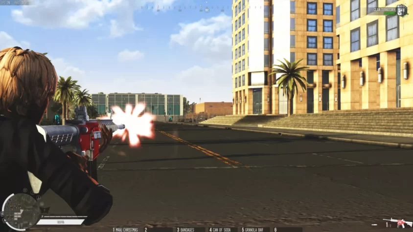 Геймплей Infestation: The New Z, где игрок стреляет из оружия на фоне города
