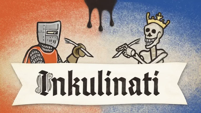 Обложка игры Inkulinati Иллюстрация обложки игры Inkulinati, с рыцарем и скелетом, дерущимися перьями