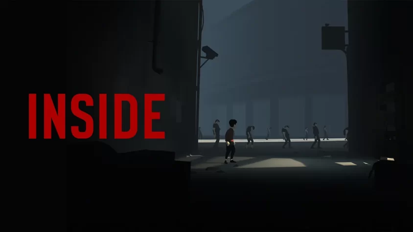 Обложка игры Inside с мальчиком, стоящим в тени на фоне толпы зомби-подобных фигур