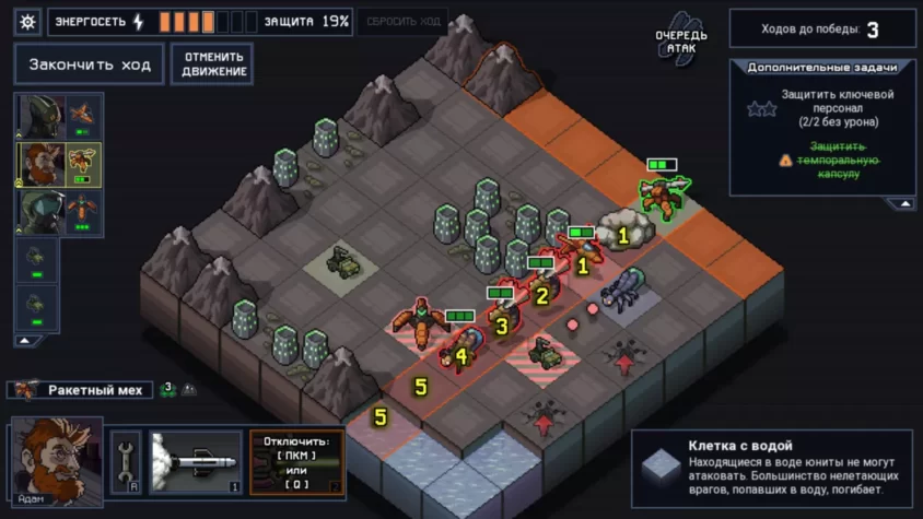 Игровой процесс с механическими врагами и союзниками в игре 'Into the Breach'